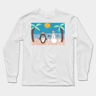 Penguin and Snowman Christmas Beach Vacation Long Sleeve T-Shirt